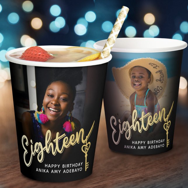 Eighteen 18th Birthday photo script gold key Pappbecher (Von Creator hochgeladen)