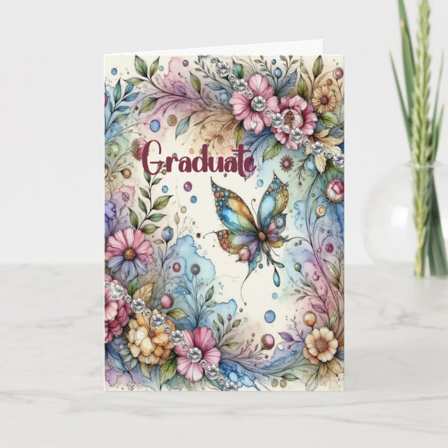 Eighth Grade Graduation Flowers & Butterfly Karte (Vorderseite)