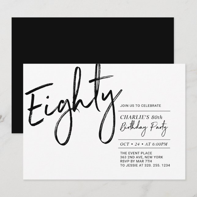 Eighty | Black & White Modern 80th Birthday Party Einladung (Vorne/Hinten)