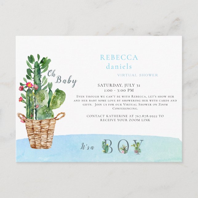 Eimer von Cacti Blue Oh Baby Dusche von Mail Annou Ankündigungspostkarte (Vorderseite)
