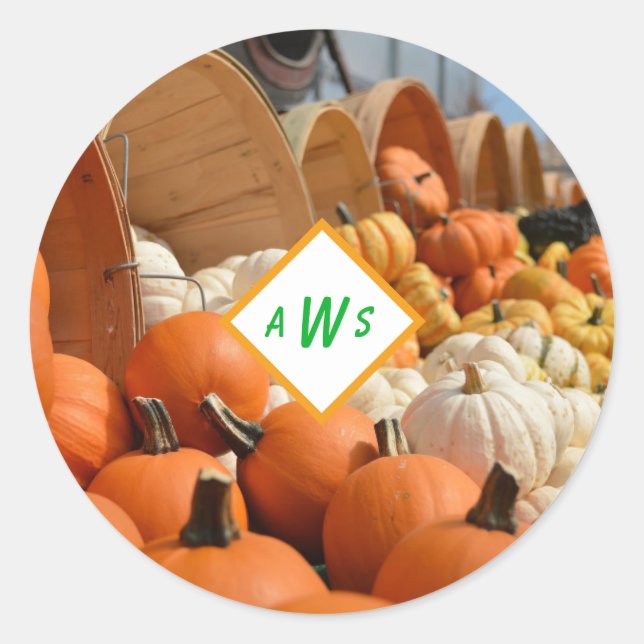Eimer von Pumpkin Gourds Monogram Sticker-Siegeln Runder Aufkleber (Vorderseite)