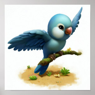 Ein 3D-Aquarellbild eines blauen Papagei Poster