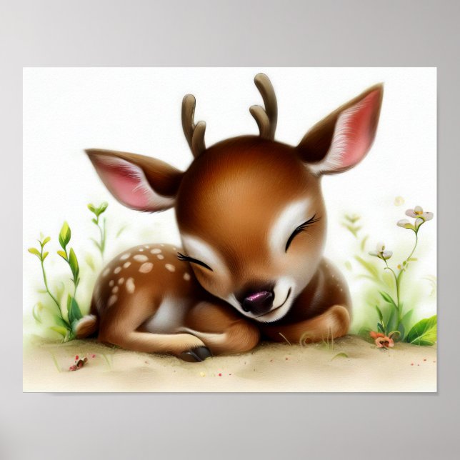 Ein 3D-Aquarellbild eines jungen Hirsches Poster (Vorne)