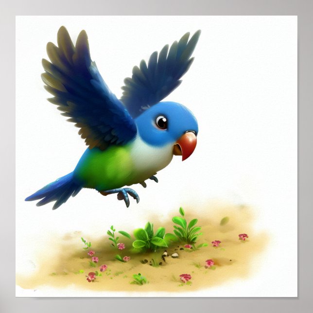 Ein 3D-Bild eines blau gekrönten Hängepapagei Poster (Vorne)