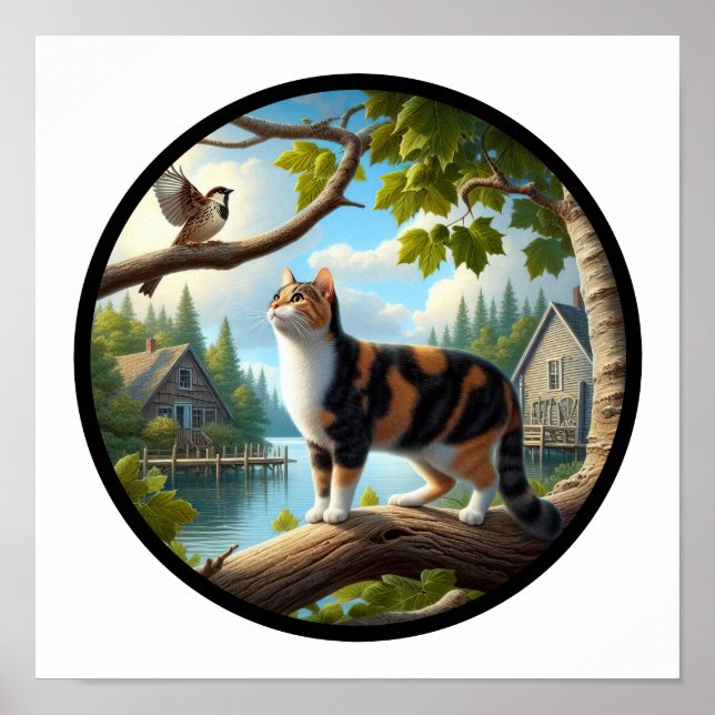 Ein 3D-Rundbild einer schönen Calico Katze Poster (Vorne)