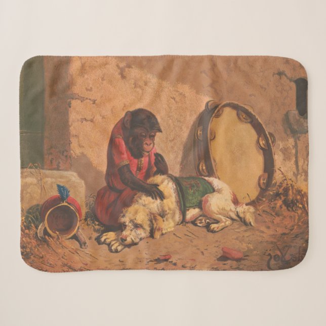 Ein Affe und ein Hund mit einem großen Tambourin Sherpadecke (Vorderseite (Horizontal))