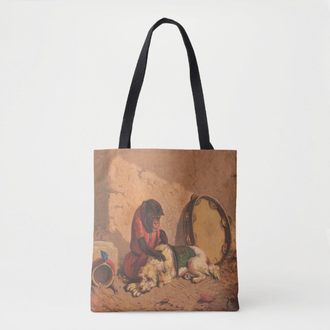 Ein Affe und ein Hund mit einem großen Tambourin Tasche (Vorderseite)