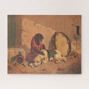 Ein Affe und ein Hund mit einer großen Tambourine