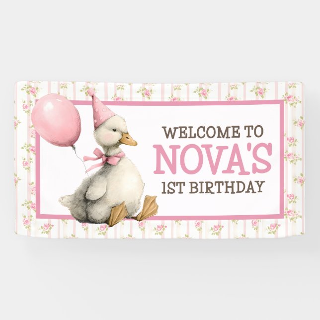 Ein Albernes Gänse Personalisiert Rosa 1. Geburtst Banner (Horizontal)