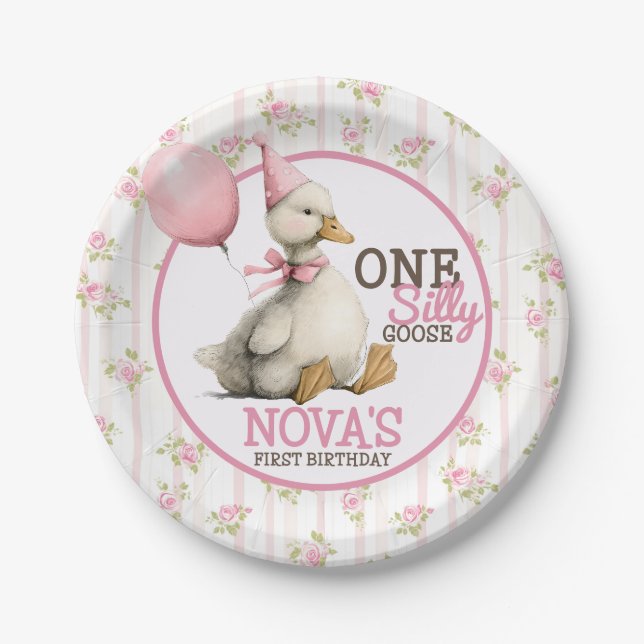 Ein Albernes Gänse Personalisiert Rosa 1. Geburtst Pappteller (Vorderseite)
