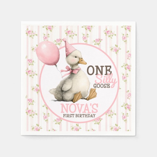 Ein Albernes Gänse Personalisiert Rosa 1. Geburtst Serviette (Vorderseite)