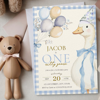 Ein Albernes Gänseblauer Gingham Boy 1. Geburtstag Einladung