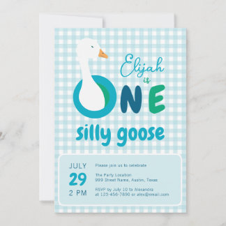 Ein Albernes Gänseblauer Karierter Junge 1. Geburt Einladung