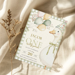 Ein Albernes Gänsegrün Gingham 1. Geburtstag Einladung