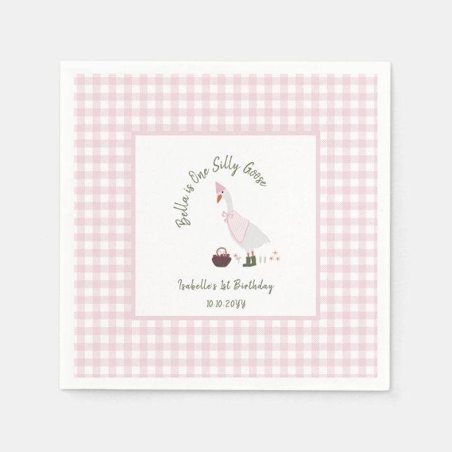 Ein Albernes Gänsehorn Pink Gingham 1. Geburtstag Serviette (Vorderseite)