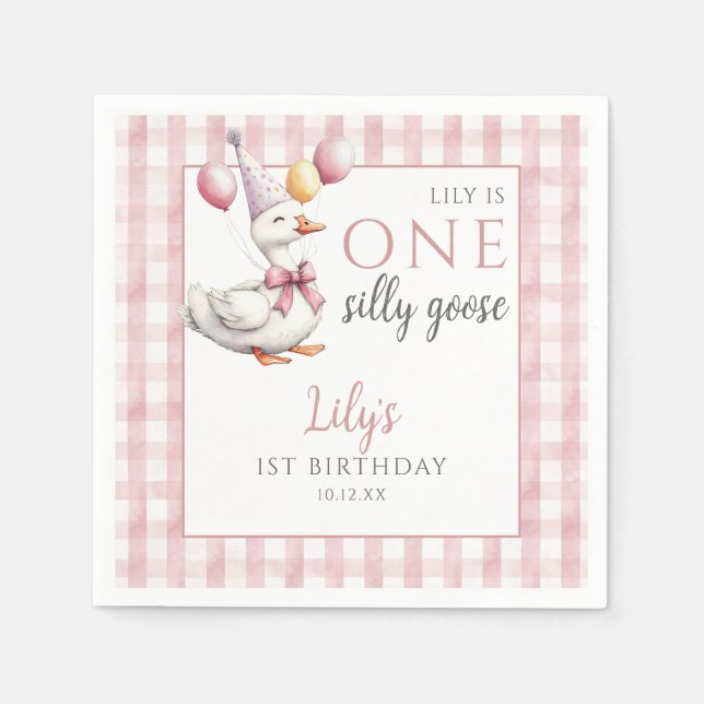 Ein Albernes Gänsepink Gingham Balloons Geburtstag Serviette (Vorderseite)