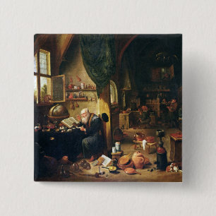 Ein Alchemist in seiner Werkstatt Button