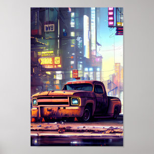 Ein alter Lkw in Cyberpunk-Stadt abgehängt Poster