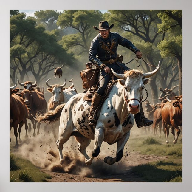 Ein amerikanischer Cowboy, der auf Bullen reitet Poster (Vorne)