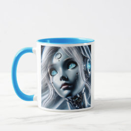 Ein Androidenmädchen mit perlenden blauen Augen. Tasse