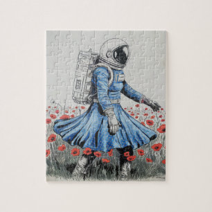 ein Astronaut in einem blauen Kleid, der in Pappi 