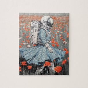 ein Astronaut in einem blauen Kleid, der in Pappi