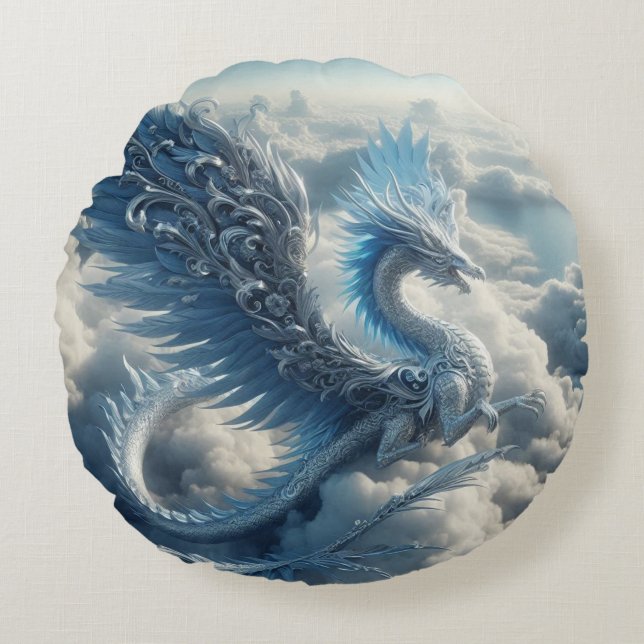 Ein Atemberaubender Drache umgeben von Wolken Rundes Kissen (Vorderseite)