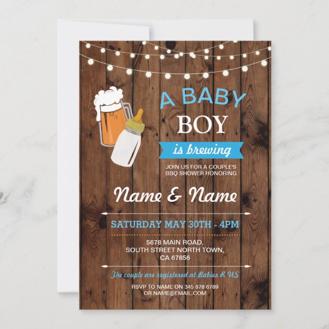Ein Baby Boy Braut Duschbäder GRILLEN Wood Invite Einladung (Vorderseite)