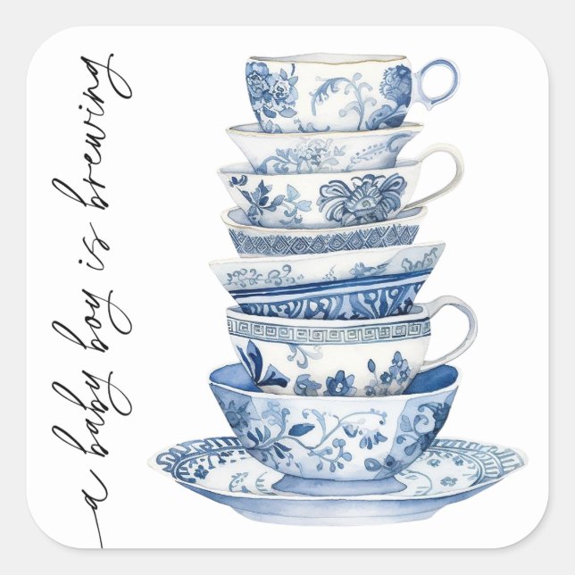 Ein Baby Boy brütet Tea Party Babydusche Quadratischer Aufkleber (Vorderseite)