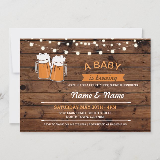 Ein Baby Brauereidusche Bier Lights Wood einladen Einladung (Vorderseite)