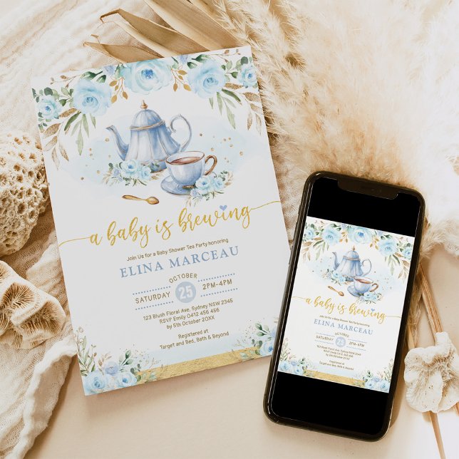 Ein Baby braut Blue Gold Blume Baby Dusche Tee Einladung (Von Creator hochgeladen)