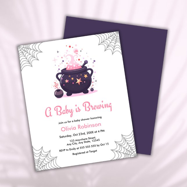 Ein Baby braut Halloween Baby Shower Invite (Budget Pink A Baby is Brewing Cauldron Halloween Girl Baby Shower Invitation )