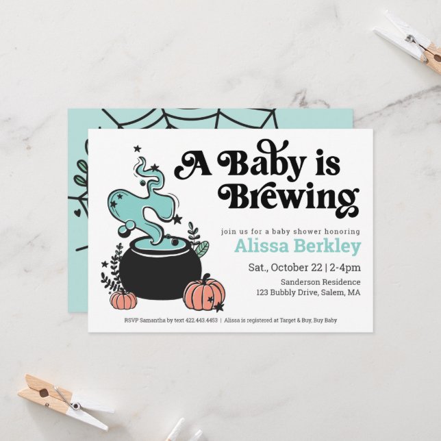 Ein Baby braut Halloween-Kinderdusche und lädt daz Einladung (Vorderseite/Rückseite Beispiel)