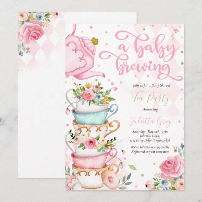Ein Baby braut Tee Party Babydusche Rosen pink Einladung (Vorne/Hinten)