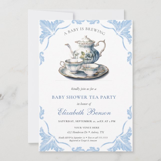 Ein Baby brütet blaue Blume Babydusche Tee Einladung (Vorderseite)