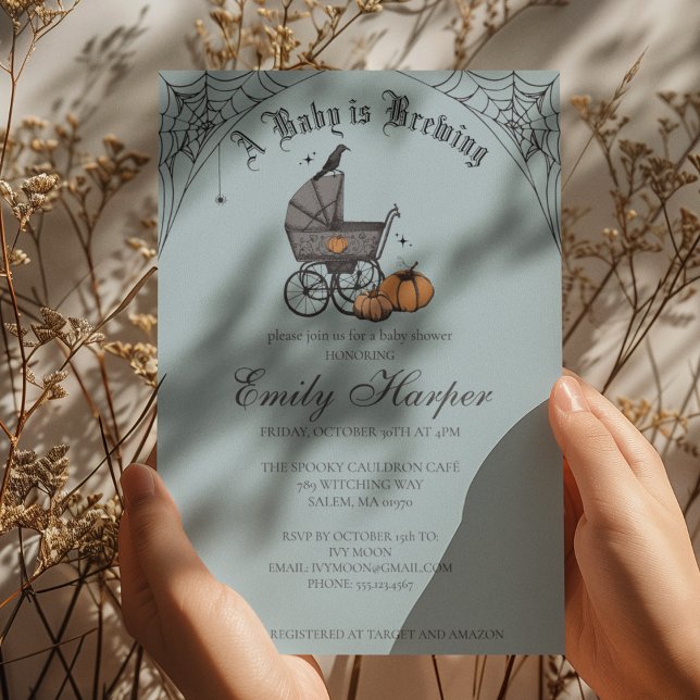 Ein Baby brütet Blue Boy Baby Dusche Einladung (Gothic Halloween Baby Shower Invitation in French Blue. Vintage Baby Carriage, Pumpkins, Webs, Raven)