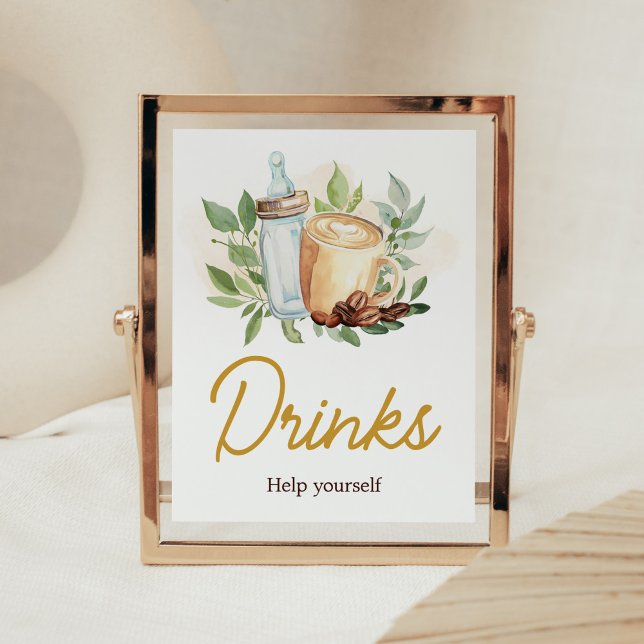 Ein Baby brütet Coffee Baby Dusche Drinks Poster (Bottle and Coffee Baby Shower Drinks Sign)