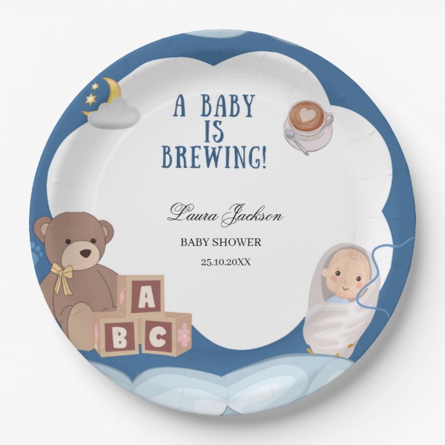 Ein Baby brütet eine Kaffeemaschine. Pappteller (Vorderseite)
