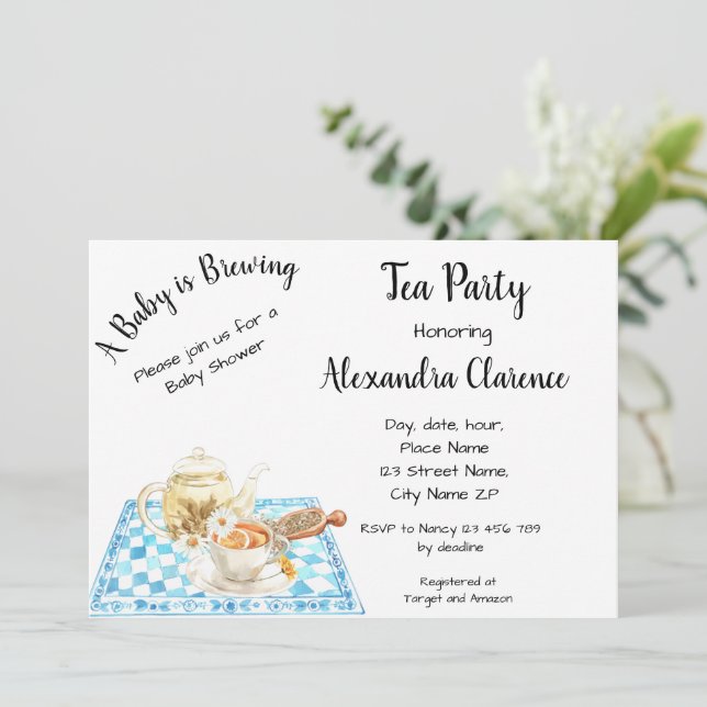 Ein Baby brütet Einladung Tee Party Babydusche (Stehend Vorderseite)