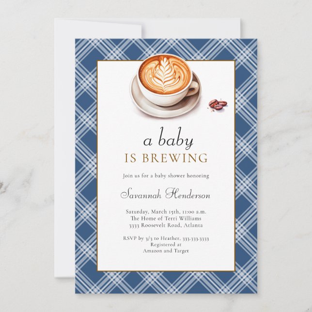 Ein Baby brütet Kaffee Cup Blue Baby Dusche Einladung (Vorderseite)
