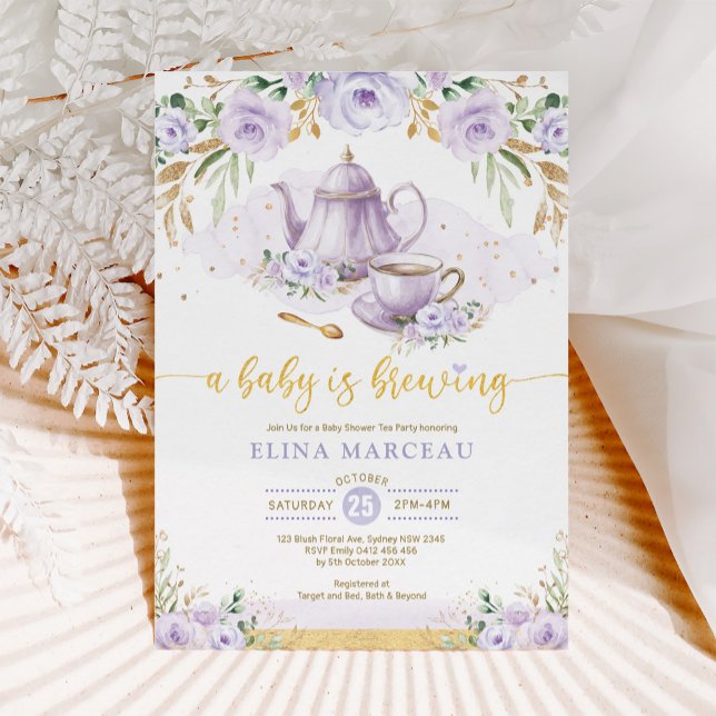 Ein Baby brütet Lila Blume Babydusche Tee Einladung (Von Creator hochgeladen)