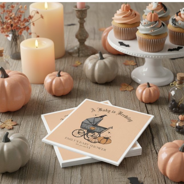 Ein Baby brütet Orange Baby Dusche Serviette (A Baby is Brewing Napkins in Gender Neutral Pastel Orange for Halloween Baby Shower. Vintage Style)
