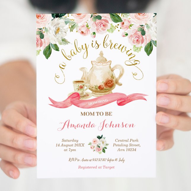 Ein Baby brütet Tee Party Babydusche Pink Roses Einladung (Von Creator hochgeladen)