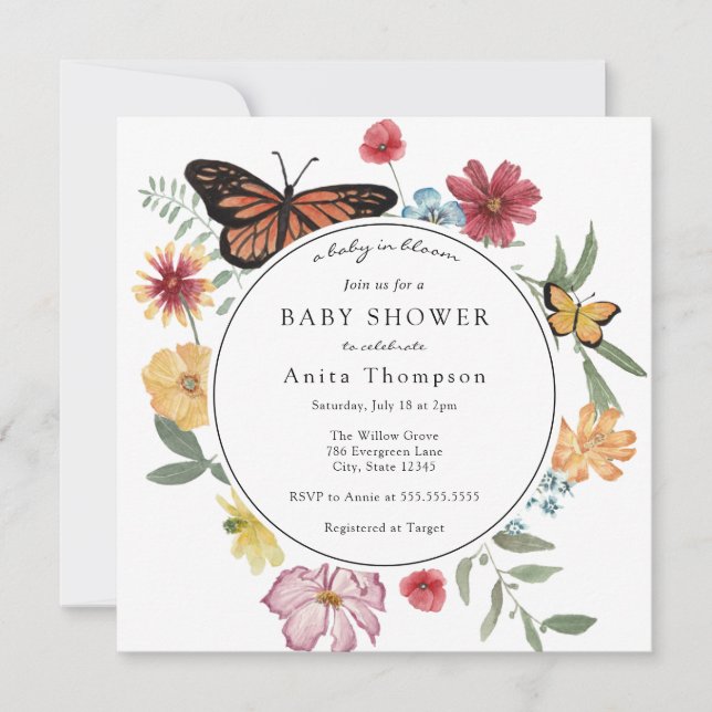 Ein Baby in Bloom Butterfly Wildblume Babydusche Einladung (Vorderseite)