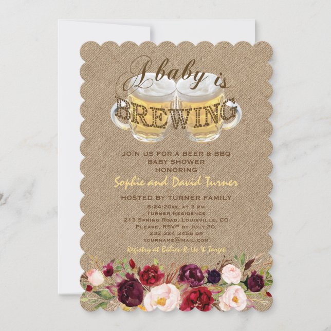 Ein Baby ist BREWING Burlap Blume GRILLEN Baby Dus Einladung (Vorderseite)