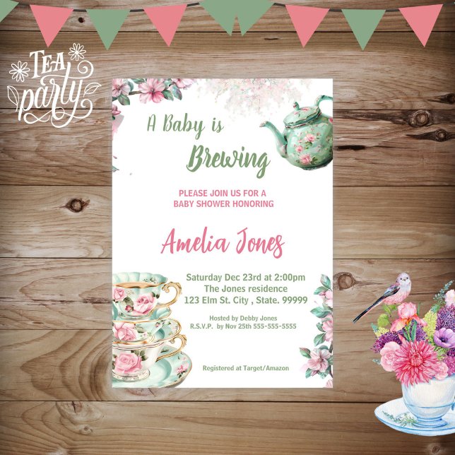 Ein Baby ist das Brewing Baby Shower Tee Party Einladung (Von Creator hochgeladen)