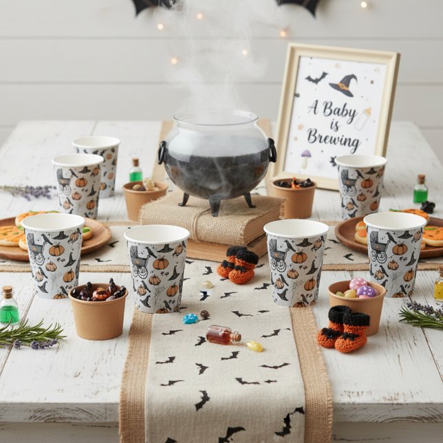 Ein Baby ist das Brewing Fall Baby Dusche Grau Pappbecher (Cute Gothic Halloween Baby Shower Party Paper Cups in Light Gray. Spooky Baby Carriage & Pumpkins)