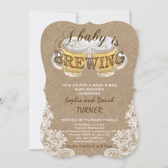 Ein Baby ist eine Babydusche mit BREWING Burlap La Einladung (Vorderseite)