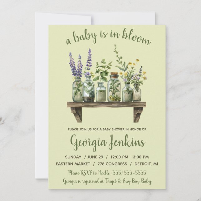 Ein Baby ist in Bloom, Frühlingsblumen Babydusche Einladung (Vorderseite)