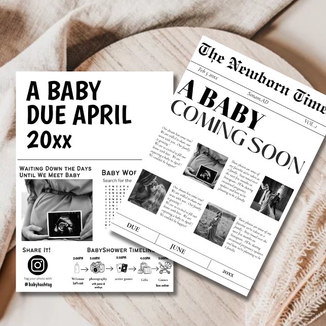 Ein Baby kommt bald Vintage Zeitungs-Babydusche Einladung (Von Creator hochgeladen)